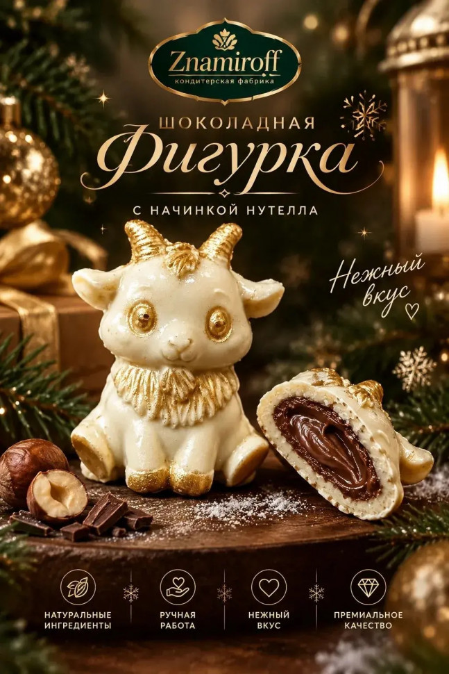  Шоколад фигурный "Мультяшный козлик" белый шоколад с начинкой нутелла(блок 5шт по 70г) в Севастополе